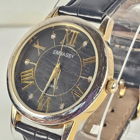 Embassy Quartz Watch Black Roman Dial Gold Tone Case 36.6mm Leather Band - Picture 2 of 14